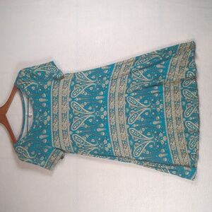 Popyoung Turquoise Paisley Patterned Boho Short Sleeve Dress‎ S